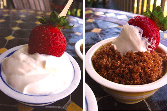 STRAWBERRY SOUR CREAM BROWN SUGAR copy Strawberries dipped in Sour Cream and Brown Sugar.