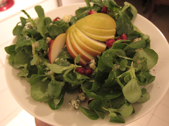 Maché Salad with Stilton, Pomegranite seeds, Pear and Lemon Dijon Vinaigrette