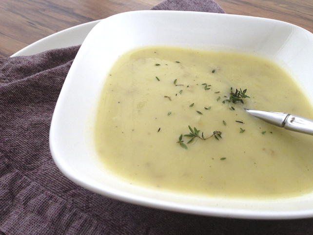 Ross's yummy potato leek soup garnished with a little fresh Thyme